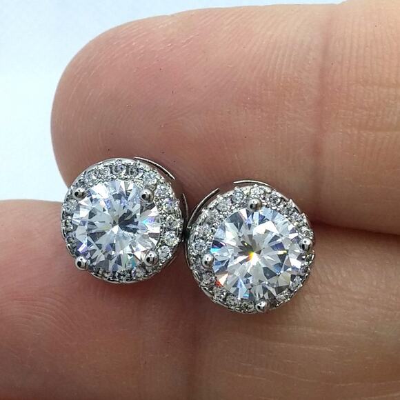 Moissanite Halo Earrings Round Stud 2CT VVS1 Sterling Silver 18K White Gold NEW - Picture 11 of 12